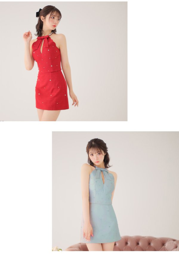 画像4: XSサイズあり【ROBE de FLEURS/ローブドフルール】セットアップ/ ホルターネック/ ビジュー/ バストカット/ リボン/ タイト/ ミニドレス/ キャバドレス[OF08]