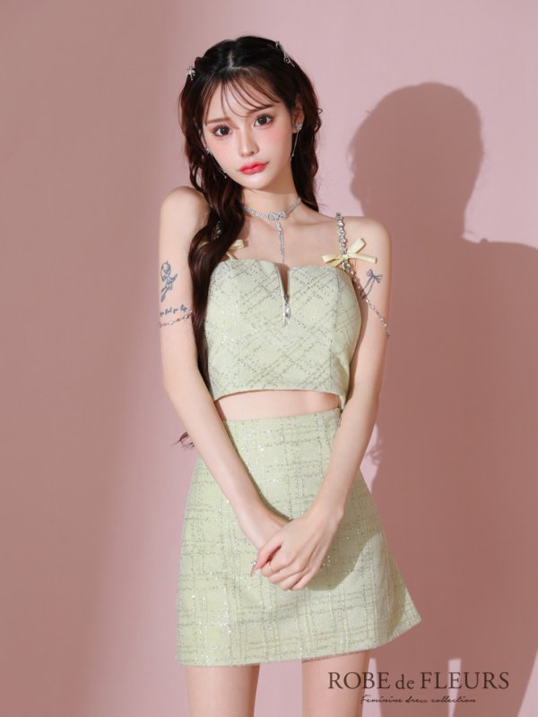 画像11: XSサイズあり【ROBE de FLEURS/ローブドフルール】スパンコール/ 刺繍レース/ フロントジップ/ キャミソール/ ショルダービジュー/ 台形スカート/ セットアップ/ ミニドレス/ キャバドレス[OF08]