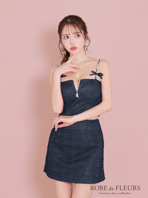 画像16: XSサイズあり【ROBE de FLEURS/ローブドフルール】スパンコール/ 刺繍レース/ フロントジップ/ キャミソール/ ショルダービジュー/ 台形スカート/ セットアップ/ ミニドレス/ キャバドレス[OF08]