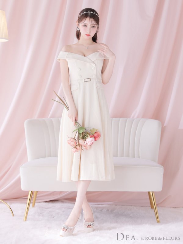 画像4: Lサイズあり【DEA./ディア】ダブルボタン/ サイドチュール/ オフショル/ ノースリーブ/ フレア/ ミディアムドレス/ キャバドレス[OF08]