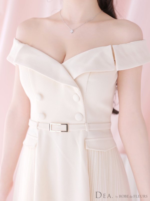 画像7: Lサイズあり【DEA./ディア】ダブルボタン/ サイドチュール/ オフショル/ ノースリーブ/ フレア/ ミディアムドレス/ キャバドレス[OF08]