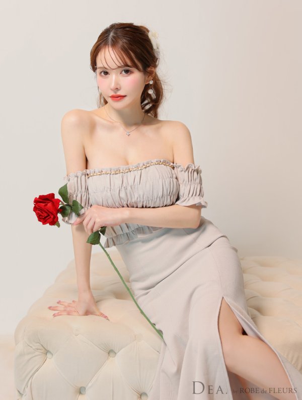 画像6: Lサイズあり【DEA./ディア】トップギャザー/ オフショル/ ラメ/ ワンカラー/ フレア/ ワンピース/ ロングドレス/ キャバドレス long[OF08]