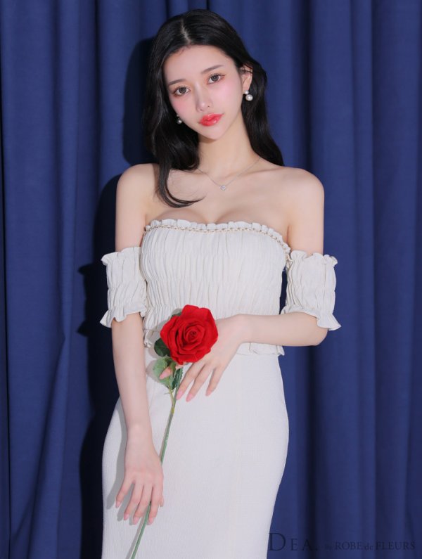 画像9: Lサイズあり【DEA./ディア】トップギャザー/ オフショル/ ラメ/ ワンカラー/ フレア/ ワンピース/ ロングドレス/ キャバドレス long[OF08]