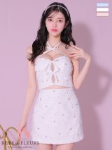 XSサイズあり【ROBE de FLEURS/ローブドフルール】トリプルリボン/ ホルターネック/ フラワーレース/ セットアップ/ フレア/ ミニドレス/ キャバドレス[OF2]