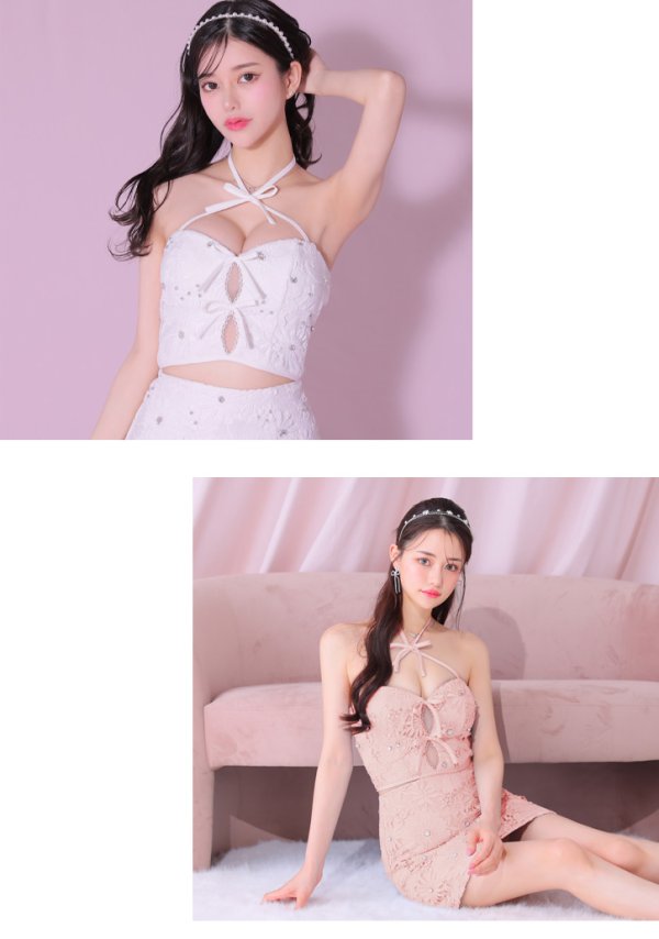 画像15: XSサイズあり【ROBE de FLEURS/ローブドフルール】トリプルリボン/ ホルターネック/ フラワーレース/ セットアップ/ フレア/ ミニドレス/ キャバドレス[OF08]