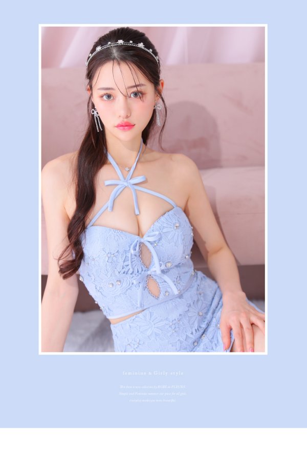 画像25: XSサイズあり【ROBE de FLEURS/ローブドフルール】トリプルリボン/ ホルターネック/ フラワーレース/ セットアップ/ フレア/ ミニドレス/ キャバドレス[OF08]