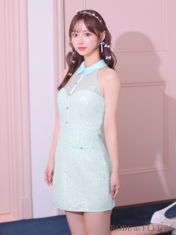 画像7: XSサイズあり【ROBE de FLEURS/ローブドフルール】襟付き/ ビーズ/ スパンコール/ ホルターネック/ ミニドレス/ キャバドレス[OF08]