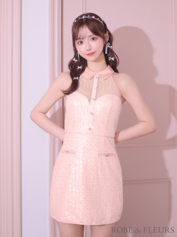 画像9: XSサイズあり【ROBE de FLEURS/ローブドフルール】襟付き/ ビーズ/ スパンコール/ ホルターネック/ ミニドレス/ キャバドレス[OF08]