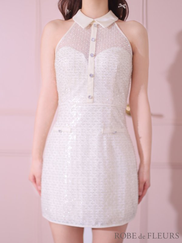 画像11: XSサイズあり【ROBE de FLEURS/ローブドフルール】襟付き/ ビーズ/ スパンコール/ ホルターネック/ ミニドレス/ キャバドレス[OF08]