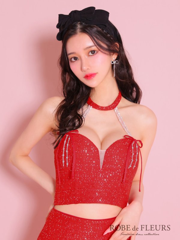 画像18: XSサイズあり【ROBE de FLEURS/ローブドフルール】スパンコール/ ツイード/ リボン/ ホルター/ セットアップ/ タイト/ ミニドレス/ キャバドレス[OF08]