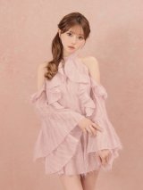 【予約商品/9月下旬発送予定】】XSサイズあり【ROBE de FLEURS/ローブドフルール】ホルター/ ラメフリンジ/ サテン/ セットアップ/ ミニドレス/ キャバドレス[OF08]