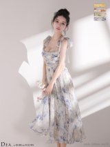 XSサイズあり【DEA./ディア】ブラーフローラル/ ギャザー/ リボン/ シフォン/ フレア/ ワンピース/ ミディアムドレス/ キャバドレス[OF08]