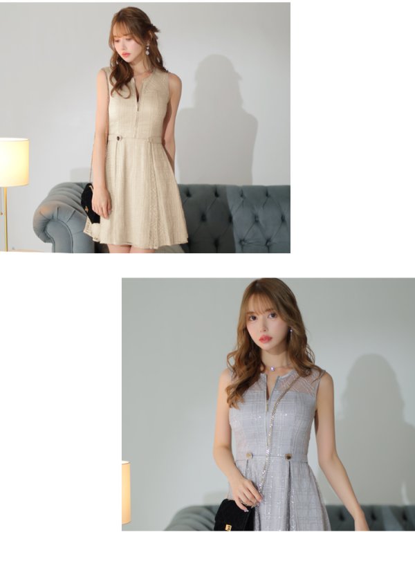 画像4: XSサイズあり【DEA./ディア】チェック柄/ 刺繍レース/ フロントジッパー/ ノースリーブ/ ワンカラー/ フレア/ ミニドレス/ キャバドレス[OF08]