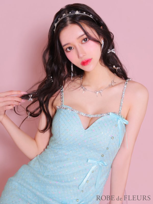 画像22: XSサイズあり【ROBE de FLEURS/ローブドフルール】ビジューライン/ リボン/ ラメ/ ガーリー/ タイト/ ミニドレス/ キャバドレス[OF08]