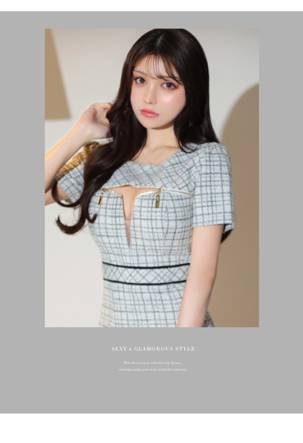 画像24: XS-Lサイズあり【Glossy/グロッシー】袖付き/ ツイードニット/ フロントジッパー/ タイト/ ミニドレス/ キャバドレス[OF08]