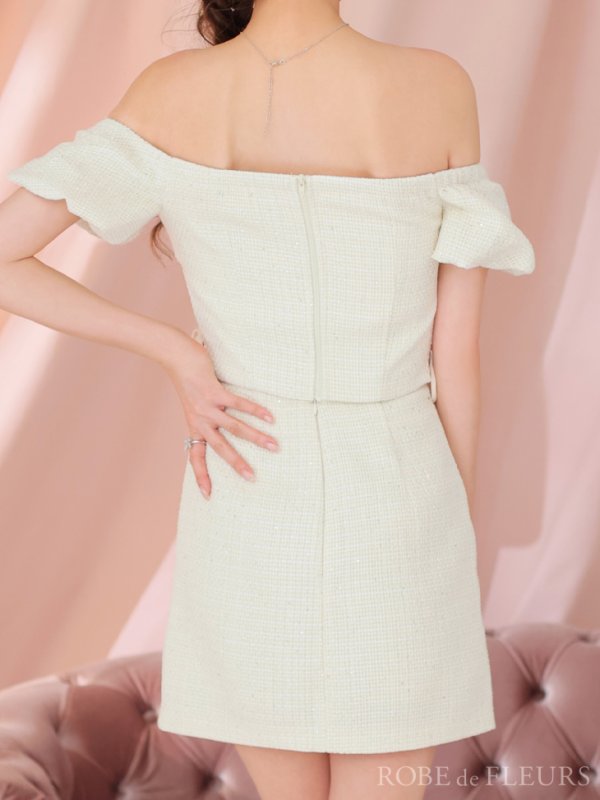 画像8: XSサイズあり【ROBE de FLEURS/ローブドフルール】 セットアップ/ オフショル/ ビジュー/ ウエストリボン/ パフスリーブ/ ツイード/ タイト/ ミニドレス/ キャバドレス[OF08]