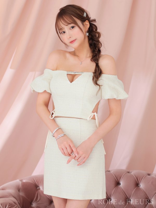 画像9: XSサイズあり【ROBE de FLEURS/ローブドフルール】 セットアップ/ オフショル/ ビジュー/ ウエストリボン/ パフスリーブ/ ツイード/ タイト/ ミニドレス/ キャバドレス[OF08]