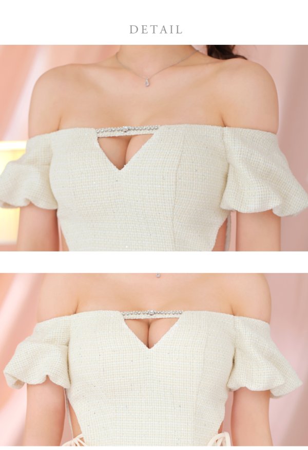 画像13: XSサイズあり【ROBE de FLEURS/ローブドフルール】 セットアップ/ オフショル/ ビジュー/ ウエストリボン/ パフスリーブ/ ツイード/ タイト/ ミニドレス/ キャバドレス[OF08]