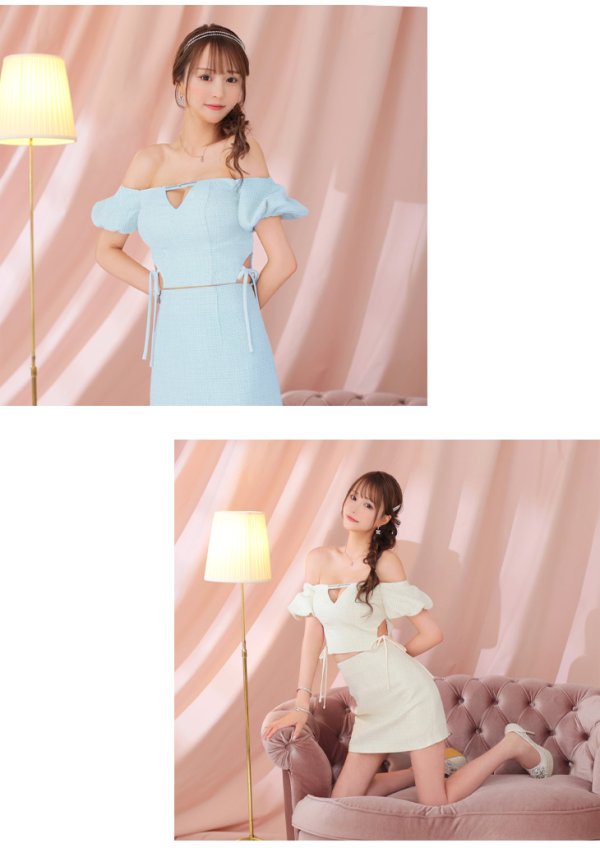 画像10: XSサイズあり【ROBE de FLEURS/ローブドフルール】 セットアップ/ オフショル/ ビジュー/ ウエストリボン/ パフスリーブ/ ツイード/ タイト/ ミニドレス/ キャバドレス[OF08]