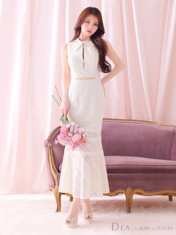 画像4: Lサイズあり【DEA./ディア】襟付き/ ウエストカット/ ノースリーブ/ チェック/ マーメイド/ ミモレ丈/ ミディアムドレス/ キャバドレス[OF08]