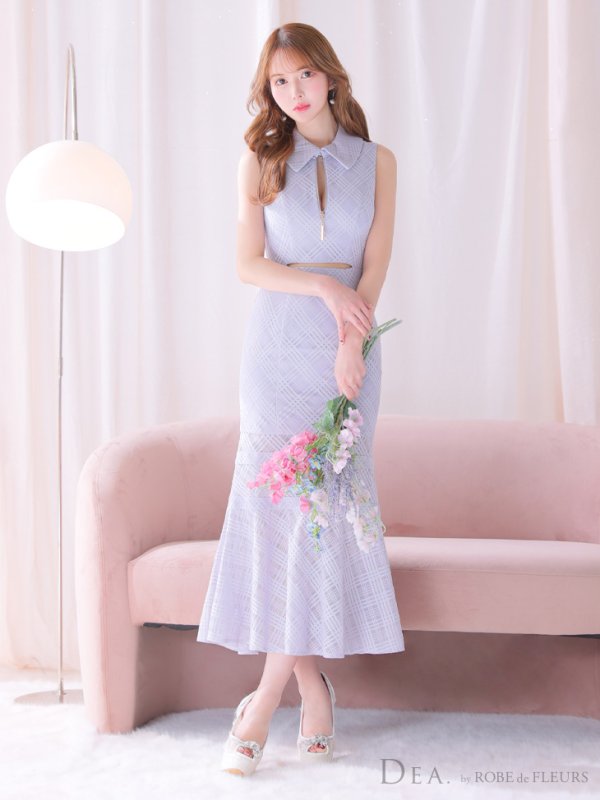 画像3: Lサイズあり【DEA./ディア】襟付き/ ウエストカット/ ノースリーブ/ チェック/ マーメイド/ ミモレ丈/ ミディアムドレス/ キャバドレス[OF08]