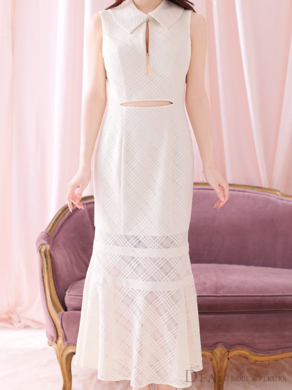 画像7: Lサイズあり【DEA./ディア】襟付き/ ウエストカット/ ノースリーブ/ チェック/ マーメイド/ ミモレ丈/ ミディアムドレス/ キャバドレス[OF08]