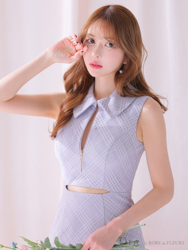 画像9: Lサイズあり【DEA./ディア】襟付き/ ウエストカット/ ノースリーブ/ チェック/ マーメイド/ ミモレ丈/ ミディアムドレス/ キャバドレス[OF08]