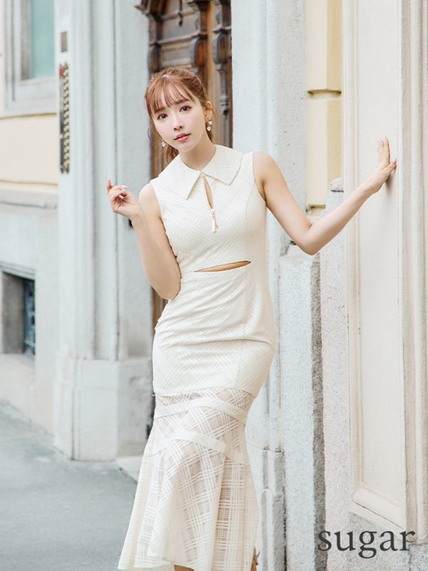 画像5: Lサイズあり【DEA./ディア】襟付き/ ウエストカット/ ノースリーブ/ チェック/ マーメイド/ ミモレ丈/ ミディアムドレス/ キャバドレス[OF08]