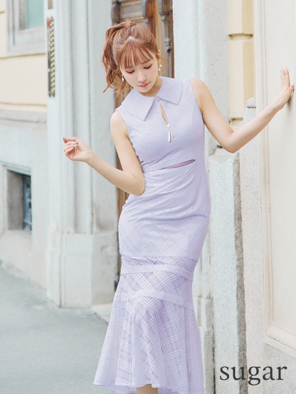 画像22: Lサイズあり【DEA./ディア】襟付き/ ウエストカット/ ノースリーブ/ チェック/ マーメイド/ ミモレ丈/ ミディアムドレス/ キャバドレス[OF08]