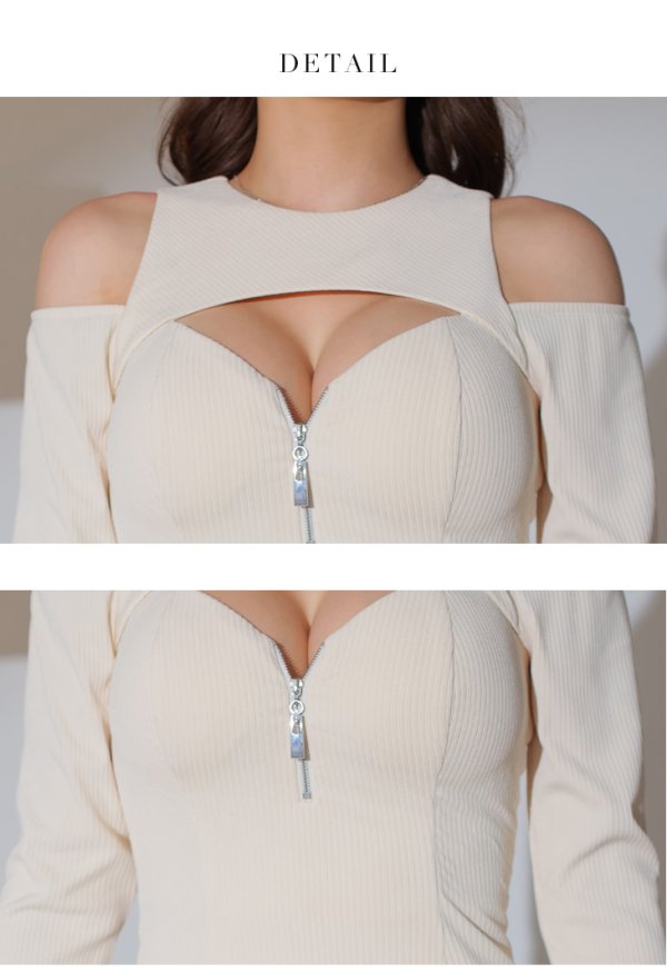 画像12: 【Glossy/グロッシー】 裾リボン/ バストカット/ オフショル/ ニット/ フロントジップ/ ロングスリーブ/ 袖あり/ ワンカラー/ ストレッチ/ タイト/ ミニドレス/ キャバドレス[OF08]