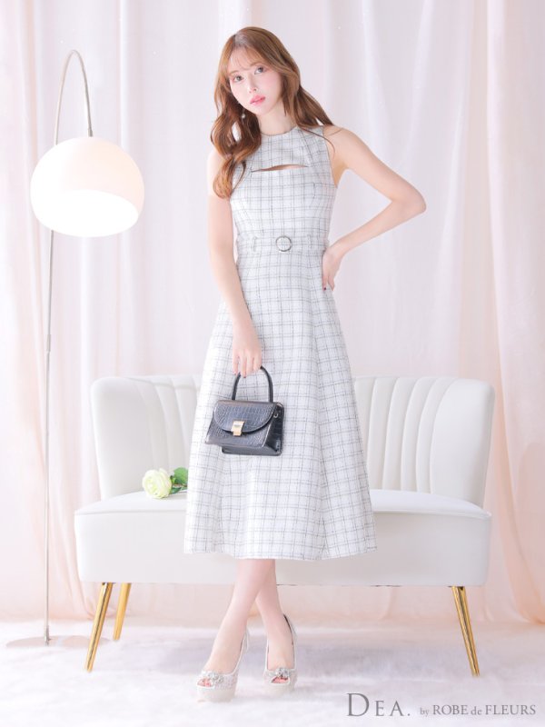 画像4: Lサイズあり【DEA./ディア】ノースリーブ/ バストカット/ ツイード/ フレア/ ミモレ丈/ ミディアムドレス/ キャバドレス[OF08]