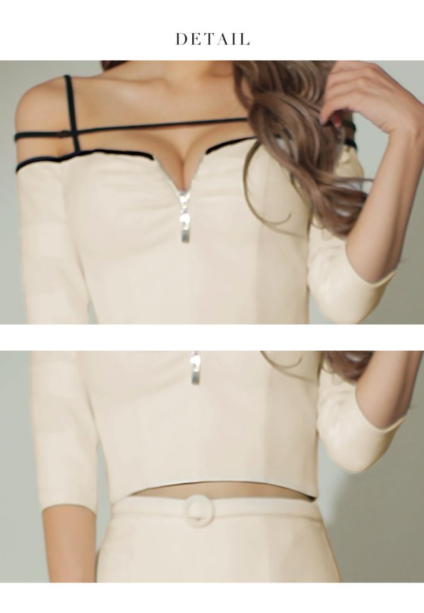 画像22: XSサイズあり【Glossy/グロッシー】フロントジップ/ 袖付き/ オフショル/ タイト/ セットアップ/ ワッフル/ ミニドレス/ キャバドレス[OF08]