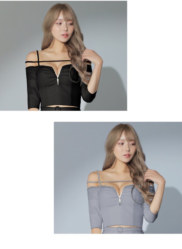 画像10: XSサイズあり【Glossy/グロッシー】フロントジップ/ 袖付き/ オフショル/ タイト/ セットアップ/ ワッフル/ ミニドレス/ キャバドレス[OF08]