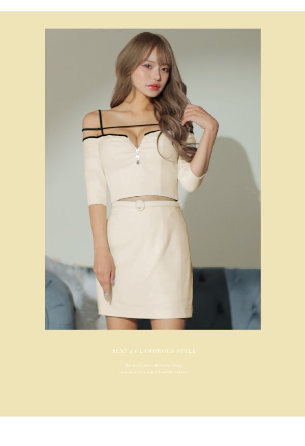 画像11: XSサイズあり【Glossy/グロッシー】フロントジップ/ 袖付き/ オフショル/ タイト/ セットアップ/ ワッフル/ ミニドレス/ キャバドレス[OF08]
