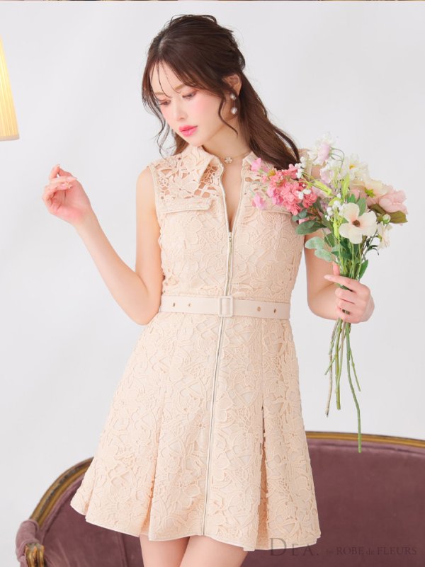 画像6: Lサイズあり【DEA./ディア】ナチュラルレース/ バストジップ/ ベルト/ プリーツ/ フレア/ ミニドレス/ キャバドレス[OF08]
