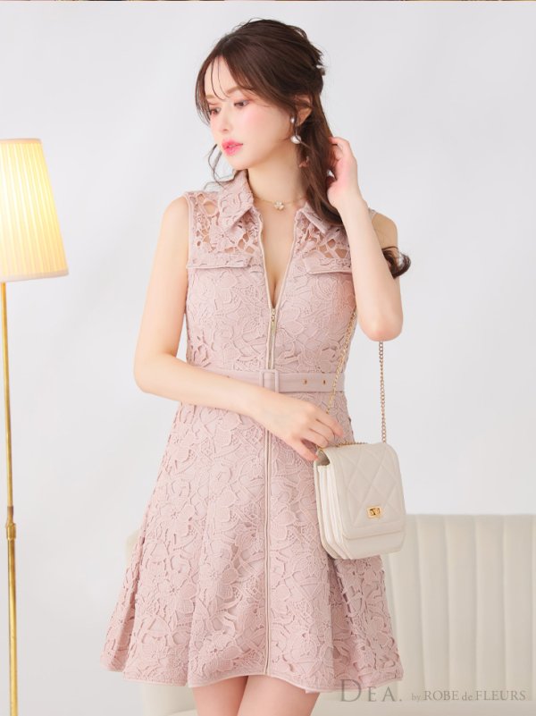 画像5: Lサイズあり【DEA./ディア】ナチュラルレース/ バストジップ/ ベルト/ プリーツ/ フレア/ ミニドレス/ キャバドレス[OF08]