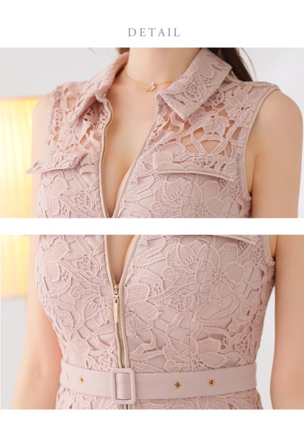 画像13: Lサイズあり【DEA./ディア】ナチュラルレース/ バストジップ/ ベルト/ プリーツ/ フレア/ ミニドレス/ キャバドレス[OF08]