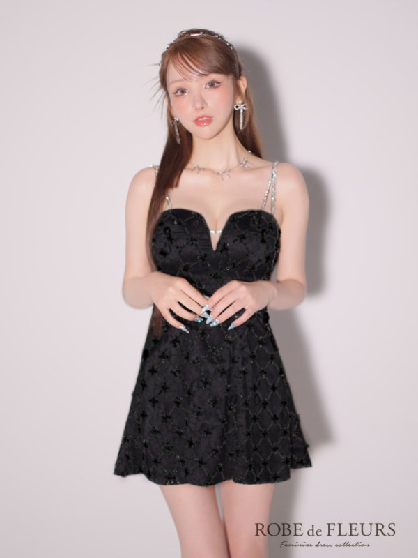 画像14: XSサイズあり【ROBE de FLEURS/ローブドフルール】バストカット/ ビジュー/ スパンコール/ サテン/ キャミソール/ フレア/ ミニドレス/ キャバドレス[OF08]
