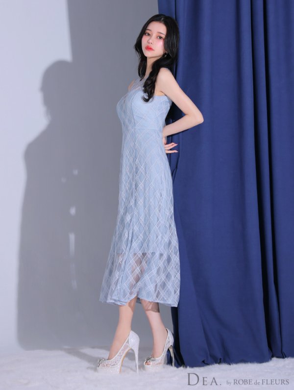 画像4: Lサイズあり【DEA./ディア】ノースリーブ/ シースルー/ チェック/ レデイサマー/ フレア/ Aライン/ ミディアムドレス/ キャバドレス[OF08]