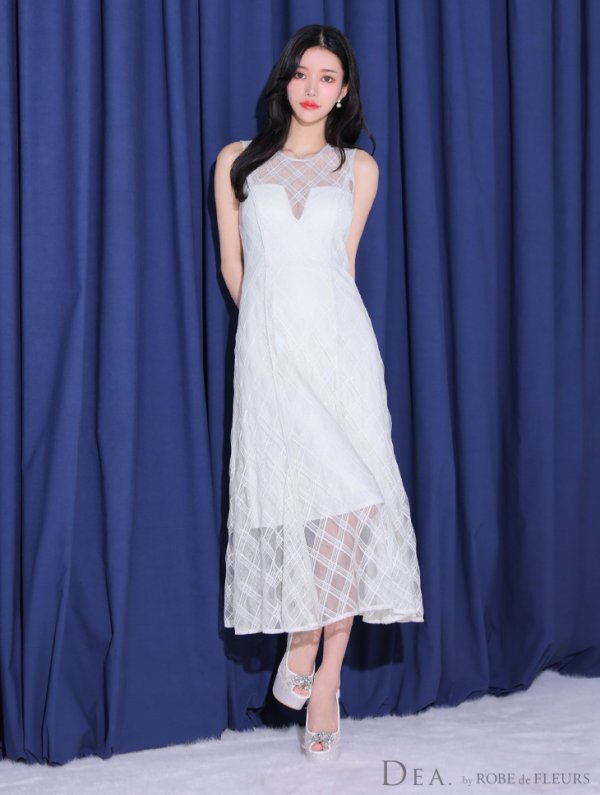 画像6: Lサイズあり【DEA./ディア】ノースリーブ/ シースルー/ チェック/ レデイサマー/ フレア/ Aライン/ ミディアムドレス/ キャバドレス[OF08]