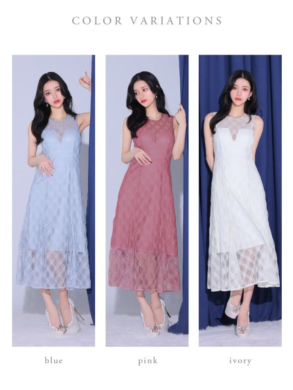 画像15: Lサイズあり【DEA./ディア】ノースリーブ/ シースルー/ チェック/ レデイサマー/ フレア/ Aライン/ ミディアムドレス/ キャバドレス[OF08]