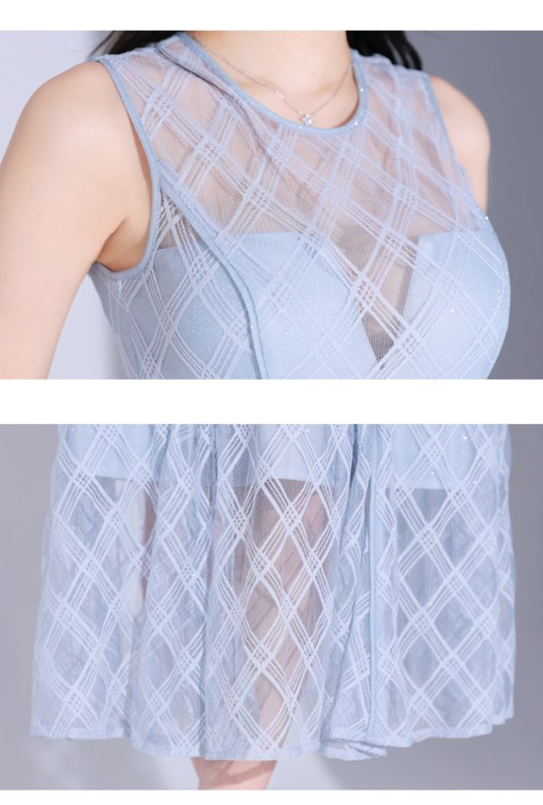 画像14: Lサイズあり【DEA./ディア】ノースリーブ/ シースルー/ チェック/ レデイサマー/ フレア/ Aライン/ ミディアムドレス/ キャバドレス[OF08]