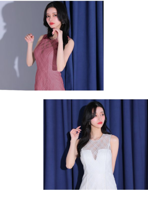 画像10: Lサイズあり【DEA./ディア】ノースリーブ/ シースルー/ チェック/ レデイサマー/ フレア/ Aライン/ ミディアムドレス/ キャバドレス[OF08]