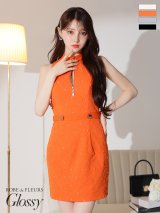 XSサイズあり【ROBE de FLEURS Glossy/ローブ・ド・フルール グロッシー】フロントジッパー/ ビジュー/ リブ/ ノースリーブ/ タイト/ ミニドレス/ キャバドレス[OF2]