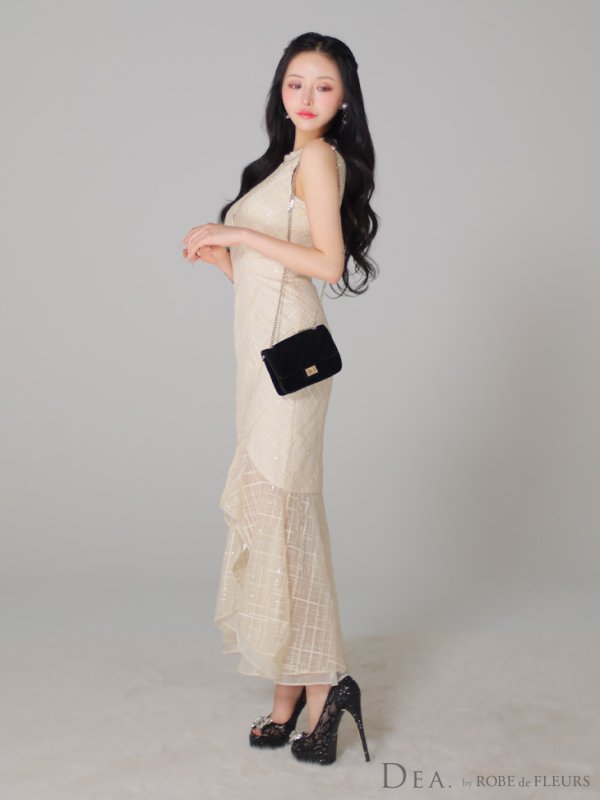 画像7: Lサイズあり【DEA./ディア】マーメイド/ バストジップ/ チェック/ オーガンジー/ ノースリーブ/ ワンピース/ ロングドレス/ キャバドレス long[OF08]