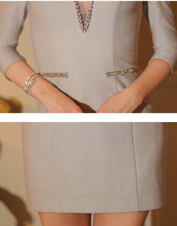 画像18: Lサイズあり【Glossy/グロッシー】Vネック/ ロングスリーブ/ ラメニット/ タイト/ ミニドレス/ キャバドレス[OF08]