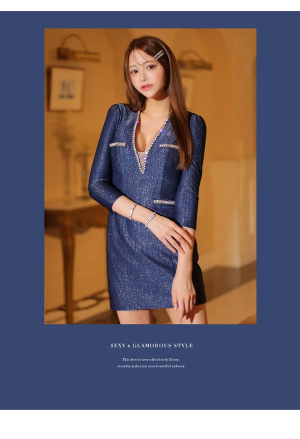 画像15: Lサイズあり【Glossy/グロッシー】Vネック/ ロングスリーブ/ ラメニット/ タイト/ ミニドレス/ キャバドレス[OF08]