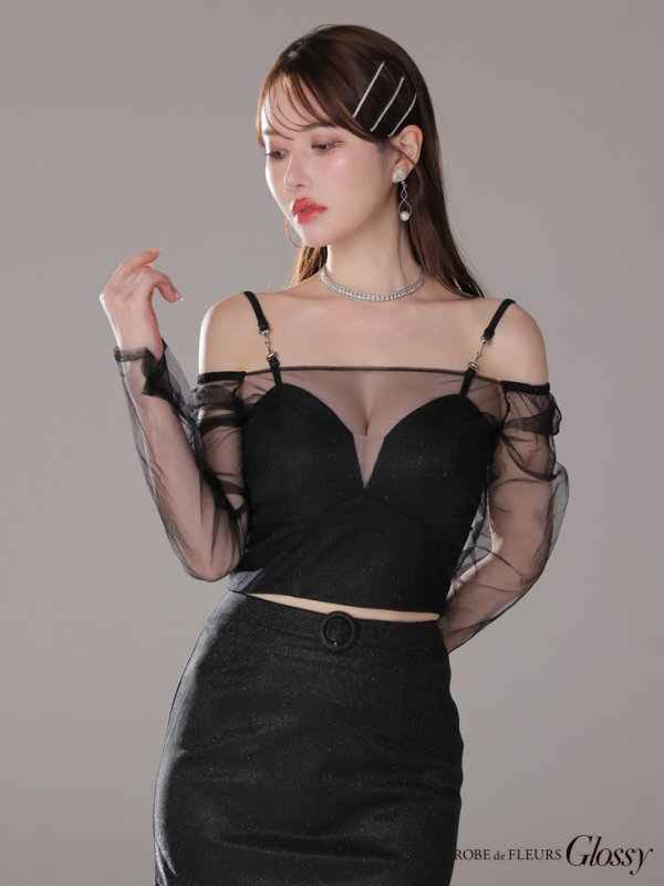 画像8: XSサイズあり【Glossy/グロッシー】チュールスリーブ/ ラメ/ セットアップ/ ミニドレス/ キャバドレス[OF08]