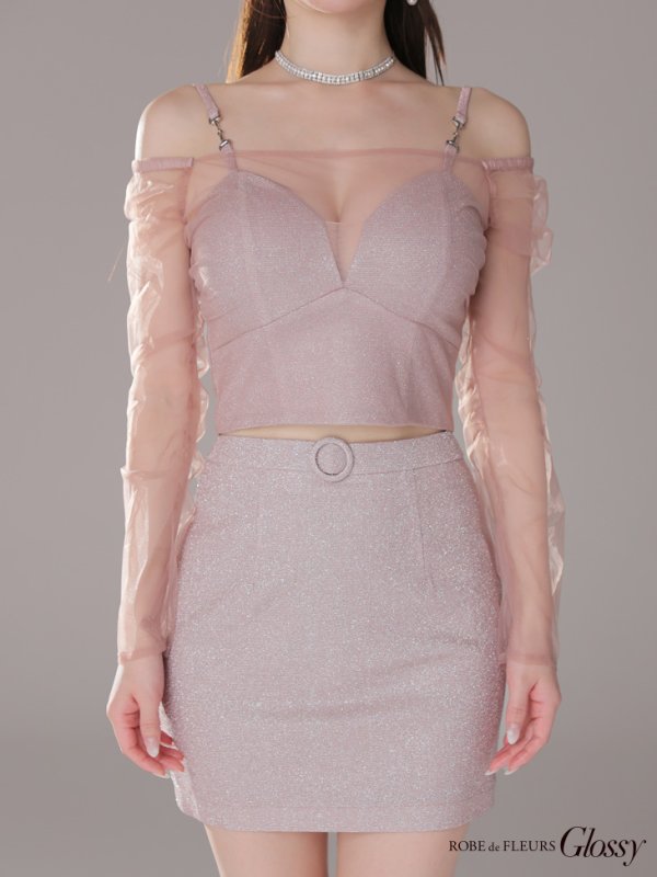 画像12: XSサイズあり【Glossy/グロッシー】チュールスリーブ/ ラメ/ セットアップ/ ミニドレス/ キャバドレス[OF08]