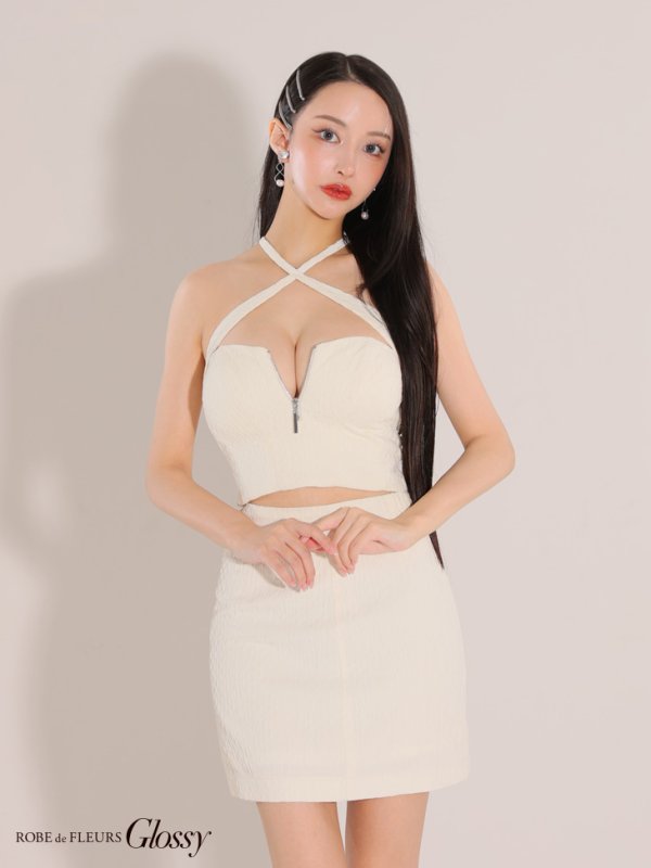 画像12: XSサイズあり【Glossy/グロッシー】クロスホルターネック/ バストジップ/ シンプル/ セットアップ/ タイト/ ミニドレス/ キャバドレス[OF08]